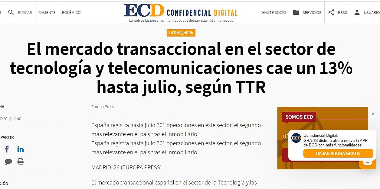 El mercado transaccional en el sector de tecnologa y telecomunicaciones cae un 13% hasta julio, segn TTR